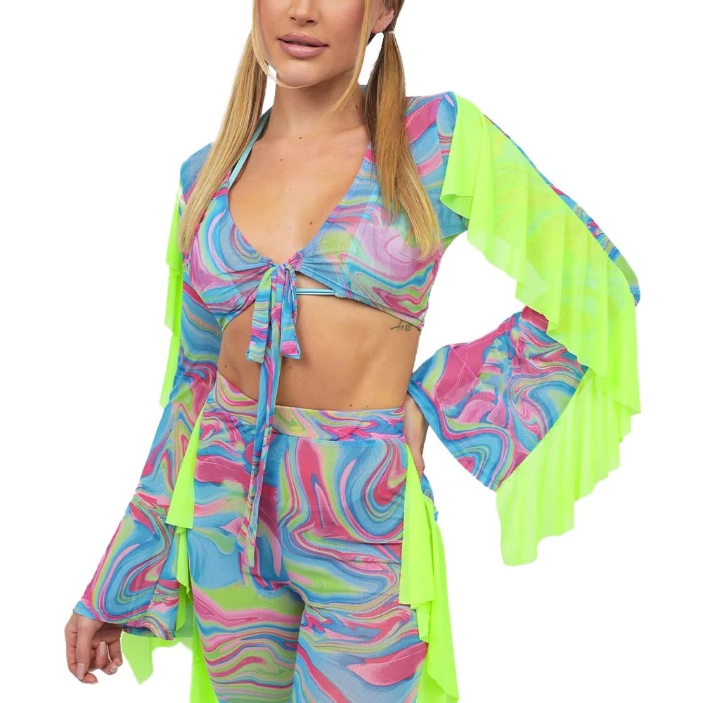 Dream Date Ruffled Long Sleeve Top - Blue/Neon Green/Pink / L